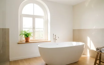 Vrijstaand wit bad onder groot raam in lichte Nederlandse badkamer met eiken vloer, beige keramiek en potplant op de vensterbank.