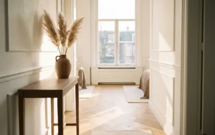 Zonnige Nederlandse hal met licht eiken visgraatparket, keramische vaas met pampasgras op smal sidetable en grote raam met natuurlijk daglicht.
