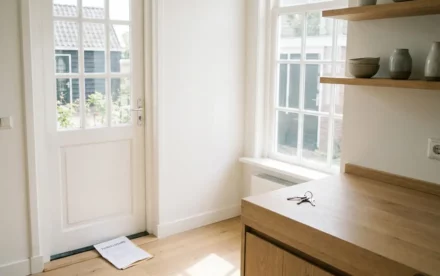 Executiemededeling onder de voordeur van een minimalistische Nederlandse keuken met lichte eiken vloer en huissleutels op het aanrecht.