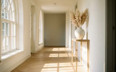 Zonnige Nederlandse hal met licht eiken visgraatparket, witte muren en een keramieken vaas met pampagras op een smalle sidetable.