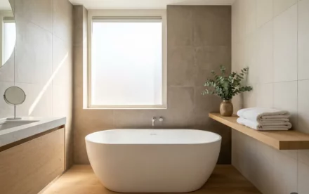 Vrijstaand wit bad in een stijlvolle Nederlandse badkamer met eiken plank, gevouwen handdoeken en eucalyptustakken in een keramische vaas.