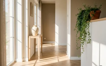 Zonnige Nederlandse hal met licht eiken visgraatparket, witte wanden, keramieken vaas op smal sidetable en hangende groene plant.