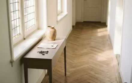 Zonnige Nederlandse hal met licht eiken visgraatparket, witte muren, keramische vaas op smal sidetafel en huissleutels.