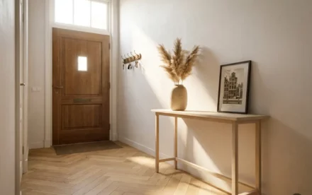 Zonnige Nederlandse hal met licht eiken visgraatparket, witte wanden, sidetable met pampasgras en messing sleutelhaak bij de voordeur.
