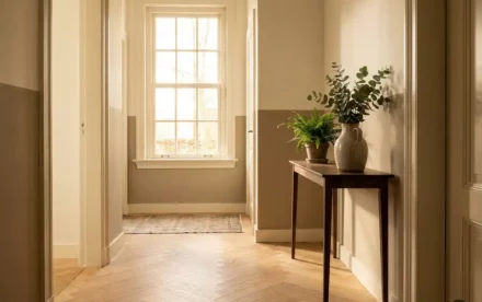 Zonnige Nederlandse hal met eiken visgraatparket, slanke sidetable met keramische vaas en groene plant, grote raam op achtergrond.