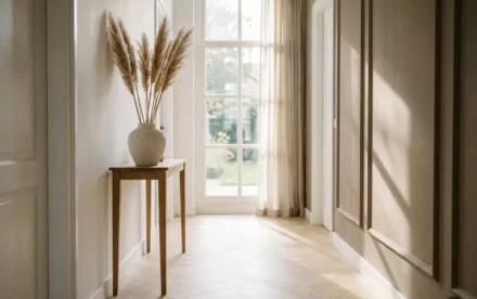 Zonnige Nederlandse hal met licht eiken visgraatparket, keramieken vaas met pampasgras op sidetable en groot raam met ochtendlicht.