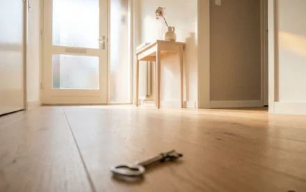 Huissleutel op houten console in zonnige Nederlandse hal met lichte eiken vloer en keramische vaas.