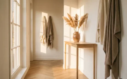 Zonnige Nederlandse hal met licht eiken visgraatparket, keramieken vaas met pampagras op smalle sidetable en warme middagzon door hoog raam.