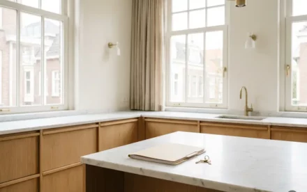 Lichte Nederlandse keuken met eiken kasten, witmarmeren werkblad, juridische map en huissleutel in natuurlijk daglicht.