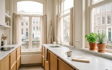 Lichte Nederlandse keuken met eiken kasten, marmeren werkblad en huurcontracten naast een koffiekopje, verse kruiden op vensterbank.