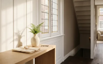 Gevouwen juridisch document op een lichte eiken sidetable met een keramische vaas, sleutel en groen plantje in een Amsterdams interieur.
