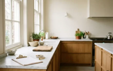 Lichte Nederlandse keuken met eiken kasten, wit marmeren blad, inspectie-klembord en opgerolde maatband in natuurlijk daglicht.