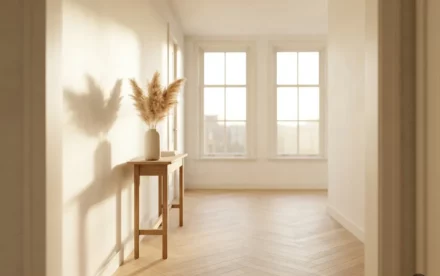 Lichte Nederlandse gang met licht eiken visgraatparket, smalle sidetable met pampagras in keramische vaas en grote raam op de achtergrond.