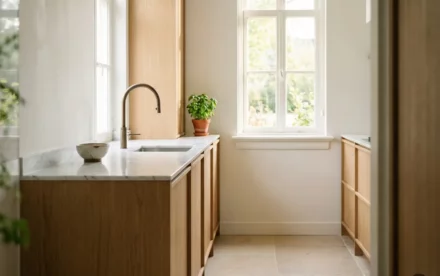 Lichte Nederlandse keuken met eiken kasten, marmeren aanrechtblad, kruidenplant en moderne kraan in natuurlijk daglicht.