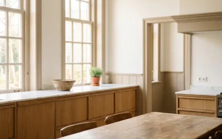 Zonnige Nederlandse keuken met lichte eiken kasten, witte marmeren werkbladen en keramische kom bij het raam.