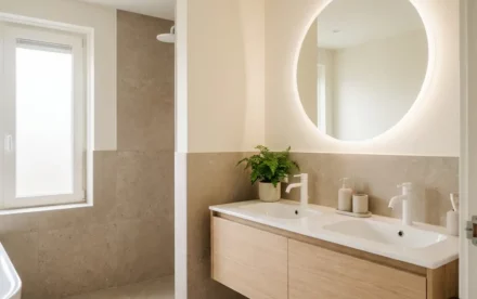 Minimalistische Nederlandse badkamer met lichte eiken wastafelmeubel, witte sanitair en natuurlijk daglicht via matglas raam.