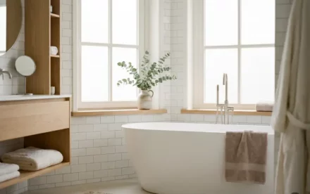 Vrijstaand bad bij een groot raam in een lichte Nederlandse badkamer met witte metrotegels, eiken accenten en eucalyptus op de vensterbank.