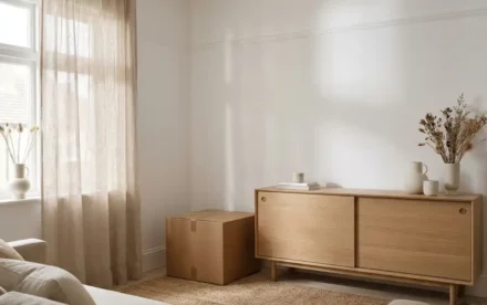 Kleine scheur in witte muur boven Scandinavisch eiken dressoir, verhuisdoos ernaast, linnen gordijn filtert zacht daglicht.
