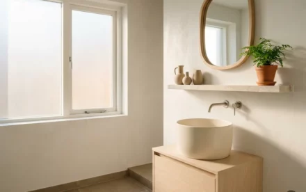 Zonnige Nederlandse badkamer met vrijstaand keramisch wastafel, licht eiken accenten en marmeren plank met plant bij groot matglazen raam.