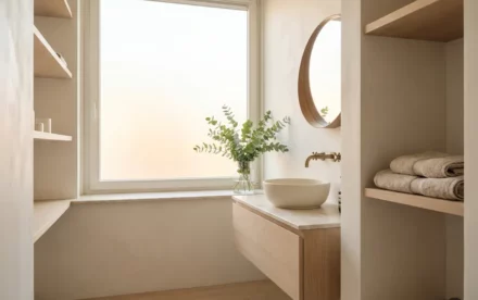 Zonnige Nederlandse badkamer met vrijstaande keramische wastafel, eucalyptustakken in vaas en groot matglas raam op marmeren blad.