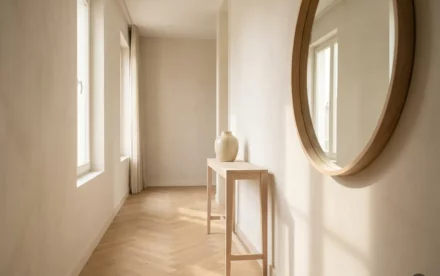 Lichte Nederlandse hal met visgraatparket in lichte eik, keramieken vaas op smal sidetable en hoog raam met natuurlijk daglicht.