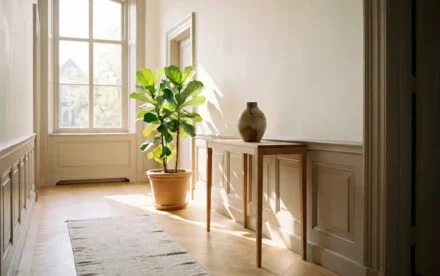 Lichte Nederlandse hal met eiken visgraatvloer, keramische vaas op smal sidetable en groene plant bij hoog raam.