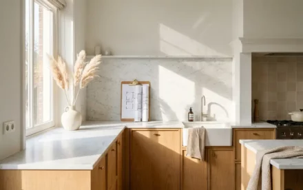 Lichte Nederlandse keuken met eiken kasten, marmeren werkblad, pampagras in vaas en plattegrond voor woningkeuring.