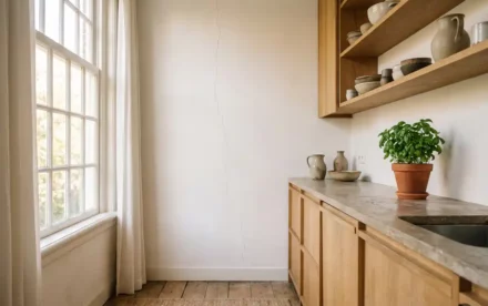 Nederlandse keuken met lichte eiken kasten, keramisch servies op open planken en een subtiele haarscheur in de witte muur.