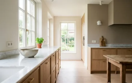 Lichte Nederlandse keuken met eiken kasten, wit marmeren werkblad, keramische kom en klein kruidenplantje bij grote ramen.