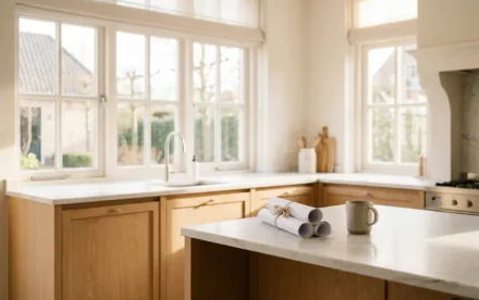 Lichte Nederlandse keuken met eiken kasten, witte marmeren werkbladen en woningdocumenten naast een keramische koffiemok.