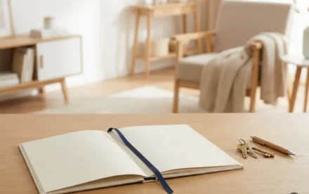 Open notariële documentmap op licht eiken bureau naast huissleutels en pen, warm natuurlijk daglicht, Scandinavisch interieur.