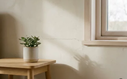 Haarscheur in witte pleisterwand bij vensterkozijn, met zachte natuurlijke belichting en Scandinavische houten bijzettafel met plant.