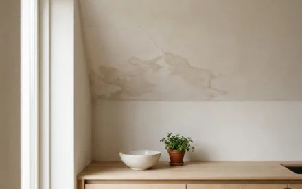 Gebarsten keukenplafond met waterscade boven licht eiken aanrecht in minimalistische Nederlandse woning, keramische kom en kamerplant op het aanrecht.