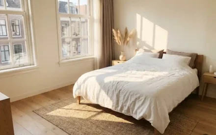 Zonnige Scandinavisch-Nederlandse slaapkamer met licht eiken vloer, wit linnengoed en pampagras in keramieken vaas op nachtkastje.
