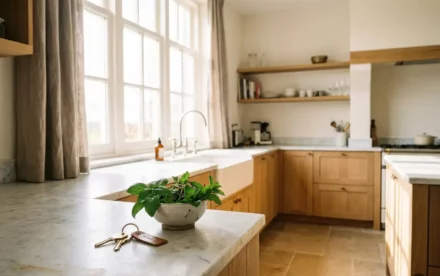 Zonnige Nederlandse keuken met lichte eiken kasten, witmarmeren aanrechtblad en huissleutels naast een keramisch schaaltje en verse kruiden.