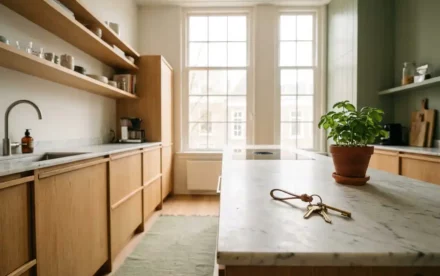 Zonnige Nederlandse keuken met lichte eiken kasten, marmeren werkblad en huissleutels naast een klein kruidenplantje.