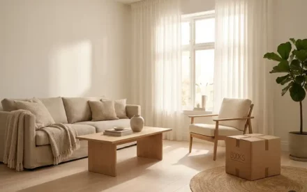 Scandinavische woonkamer met beige linnen bank, lichte eiken meubels en een verhuisdoos naast een fauteuil in zacht ochtendlicht.