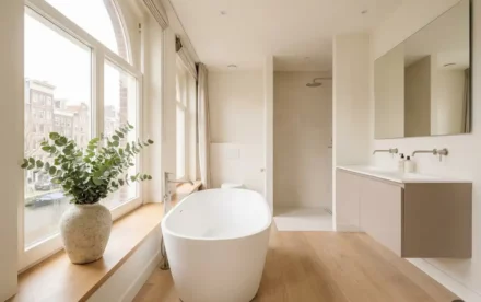 Vrijstaand wit bad bij groot raam in minimalistische Nederlandse badkamer met lichte eiken vloer en eucalyptustakken op de vensterbank.