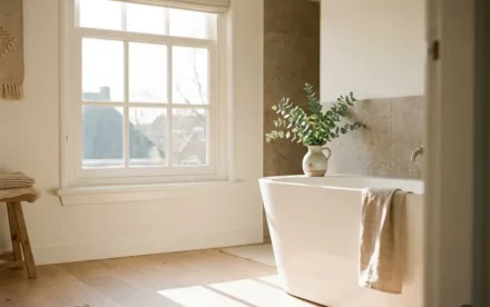 Vrijstaand wit bad bij een groot raam in een zonnige Nederlandse badkamer met lichte eiken vloer en eucalyptus in een keramieken vaas.