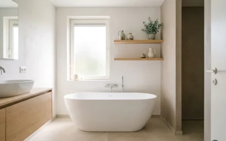 Vrijstaand wit keramisch bad in een lichte nieuwbouw badkamer met eiken houten planken, eucalyptusplant en groot formaat vloertegels.