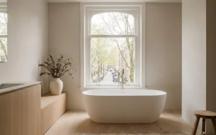 Vrijstaand wit bad onder groot raam met natuurlijk daglicht, lichte eiken accenten en eucalyptus in keramieken vaas, Amsterdam badkamer.