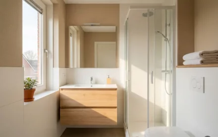Zonnige Nederlandse badkamer met energiezuinig raam, lichte eiken wastafelmeubel en witte keramische sanitair in minimalistische stijl.
