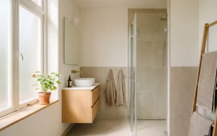 Zonnige Nederlandse badkamer met lichte eiken wastafelmeubel, wit keramisch wasbak en klein potplantje op de vensterbank.