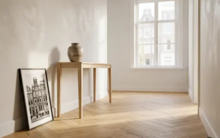 Zonnige Nederlandse hal met licht eiken visgraatparket, slanke consoletafel met keramische vaas en een ingelijste architectuurprint tegen de plint.